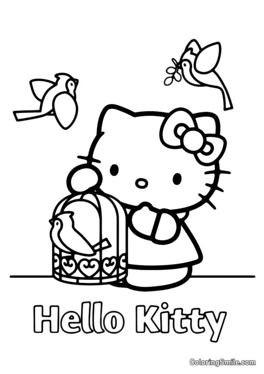 Hello Kitty con Pájaros - Página para Colorear