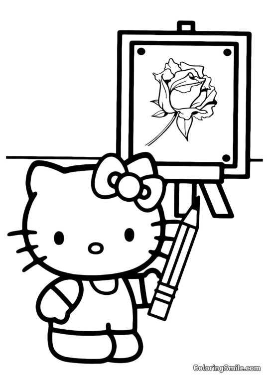 Kitty Dibujó una Rosa - Página para Colorear