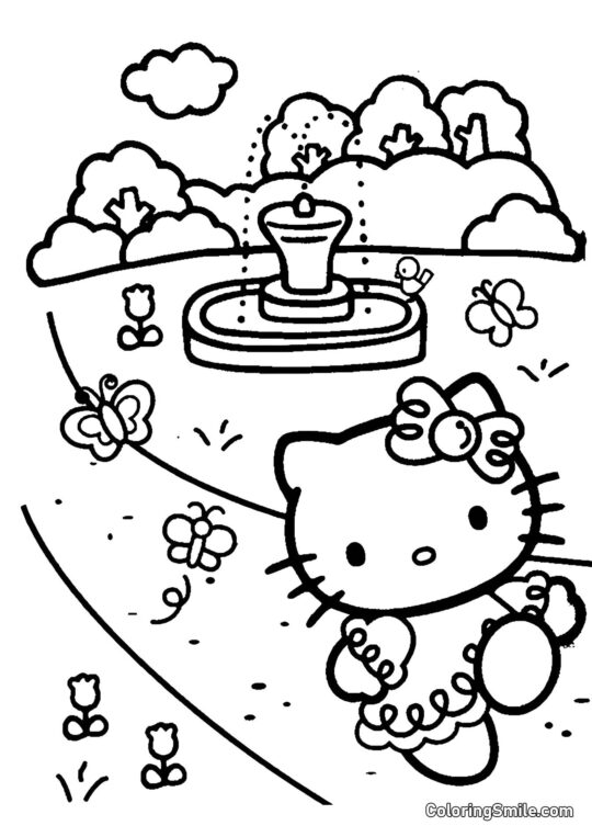 Kitty Junto a la Fuente - Página para Colorear