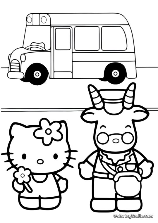 Kitty en la Parada del Autobús - Página para Colorear