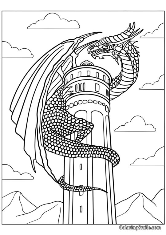 Dragón en la Torre - Página para Colorear