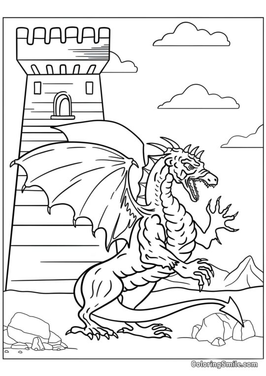 Dragón Feróz Custodiando el Castillo - Página para Colorear