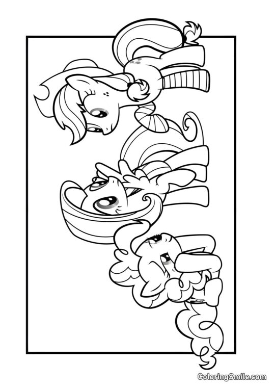 Pinkie Pie, Fluttershy y Applejack Pinkie Pie, Fluttershy y Applejack - Página para Colorear