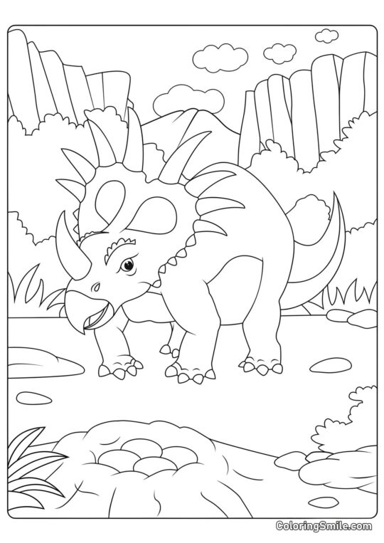 Styracosaurus Cerca del Nido con Huevos - Página para Colorear
