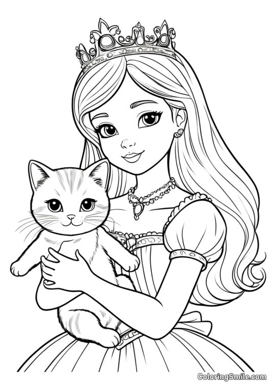 Princesa y Gatito Peludo - Página para Colorear