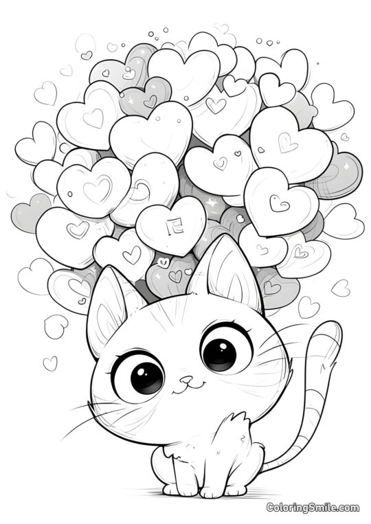 Gatito Bonito con Corazones - Página para Colorear