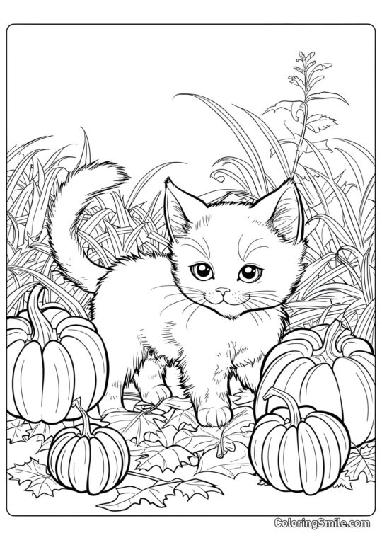 Gatito Bonito con Calabazas - Página para Colorear