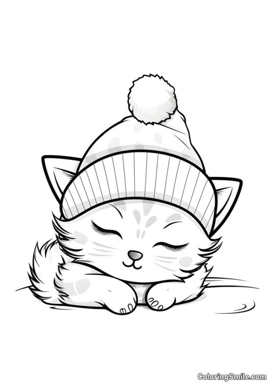 Gatito Durmiendo en un Sombrero - Página para Colorear