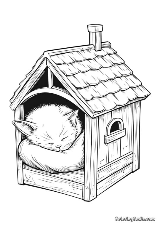 Gatito en una Casa - Página para Colorear