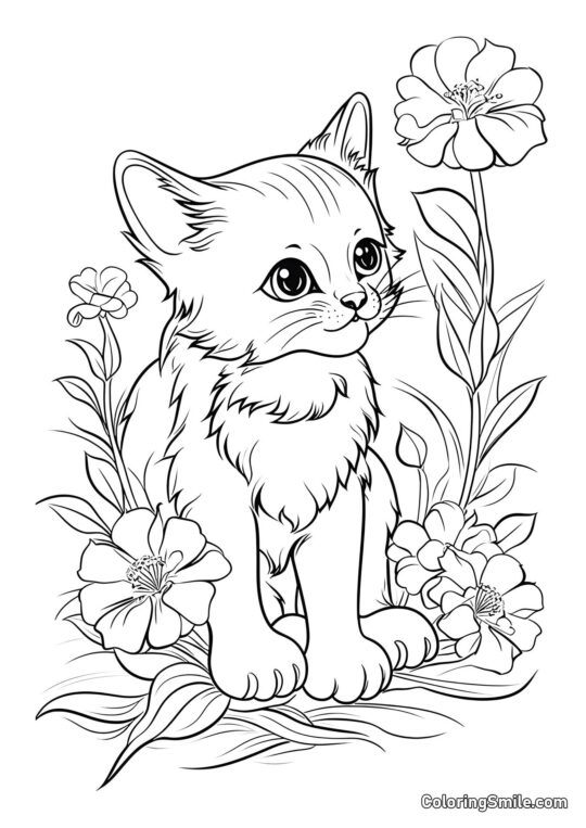 Gato Hermoso y Flores - Página para Colorear