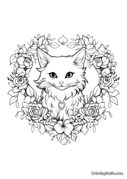 Gato con Corona de Flores - Página para Colorear