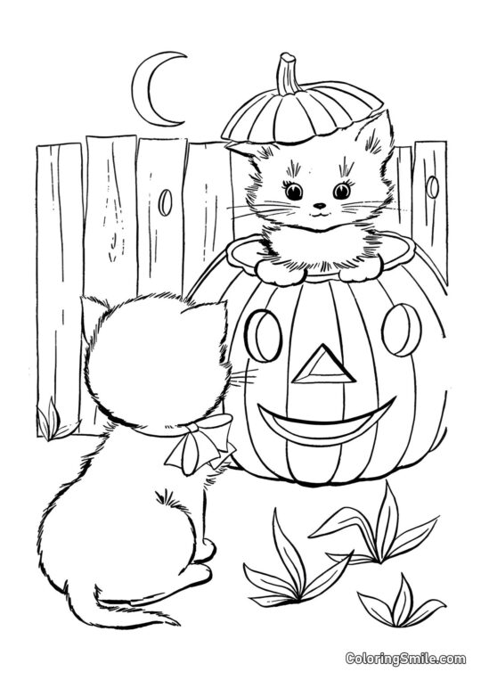 Gatitos sobre una Calabaza - Página para Colorear