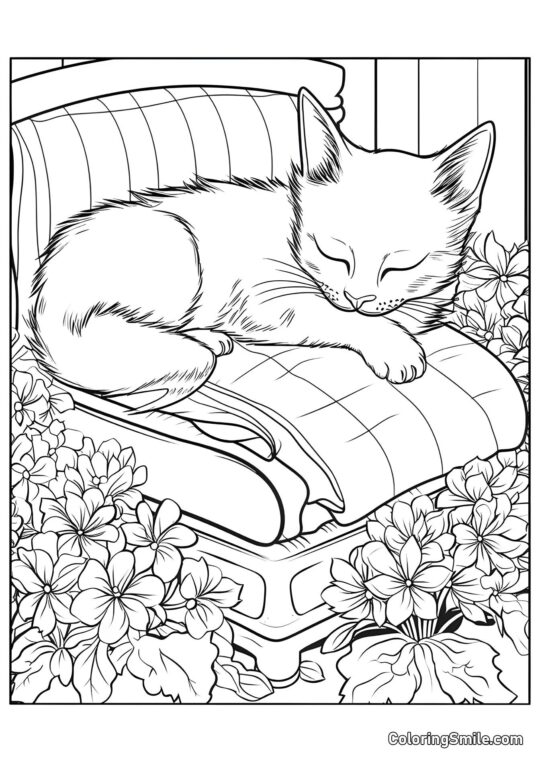Gato Durmiendo en una Silla - Página para Colorear