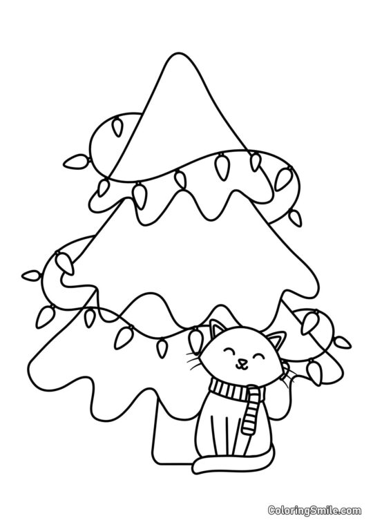 Gato Bajo un Árbol de Navidad - Página para Colorear