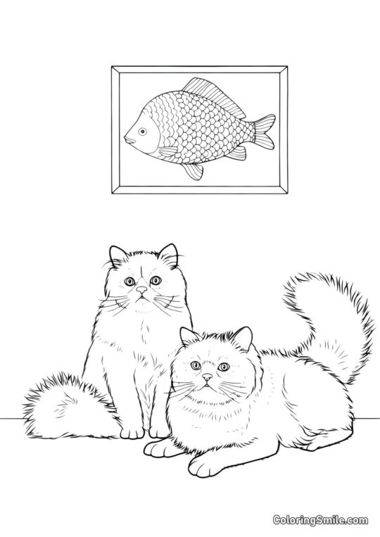 Dos Gatos y una Pintura con Peces - Página para Colorear