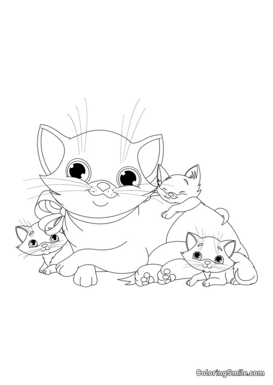 Mama Gato y Gatitos - Página para Colorear