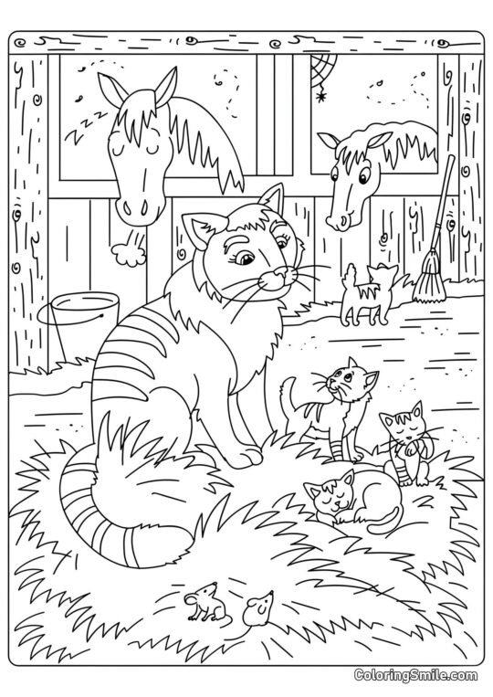 Gatos en una Granja - Página para Colorear