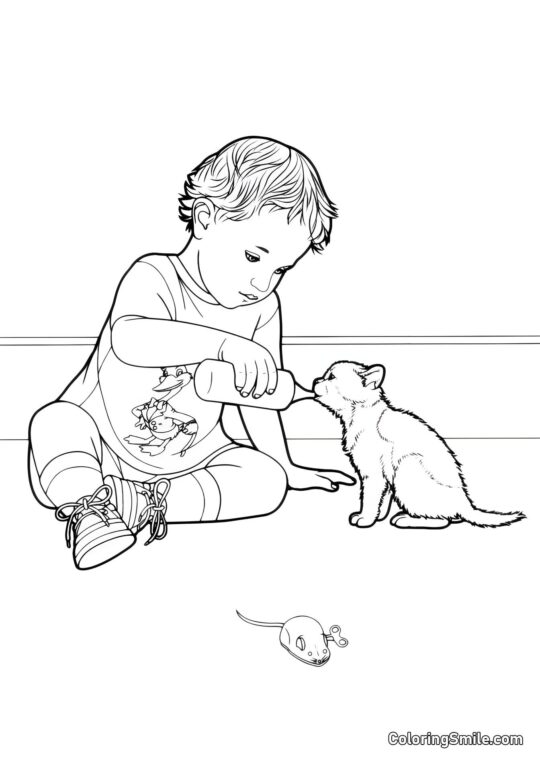 Niño Alimentando Gatito con Leche - Página para Colorear
