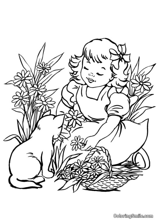 Gato y Niña Cogiendo Margaritas - Página para Colorear