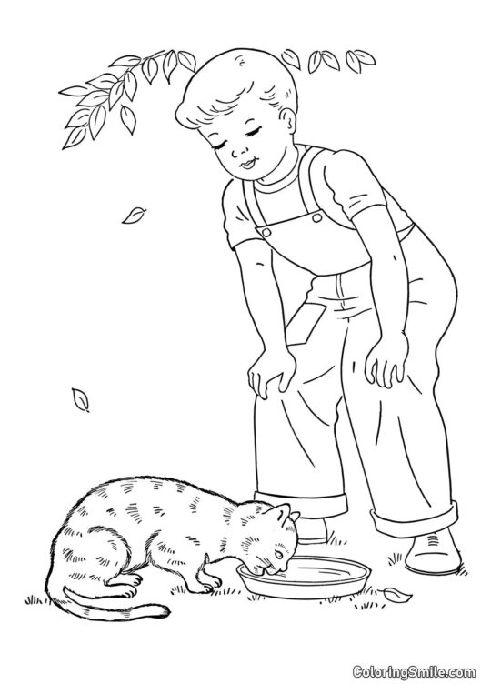 Gato y Niño - Página para Colorear