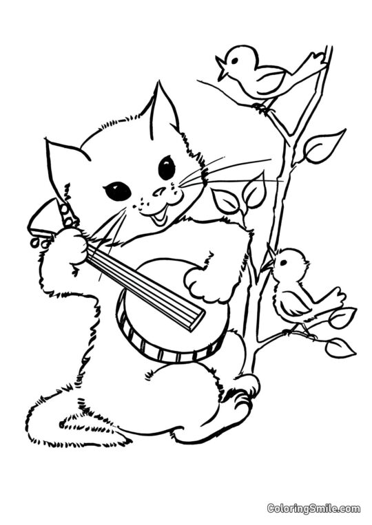 Gato Tocando Balalaika - Página para Colorear