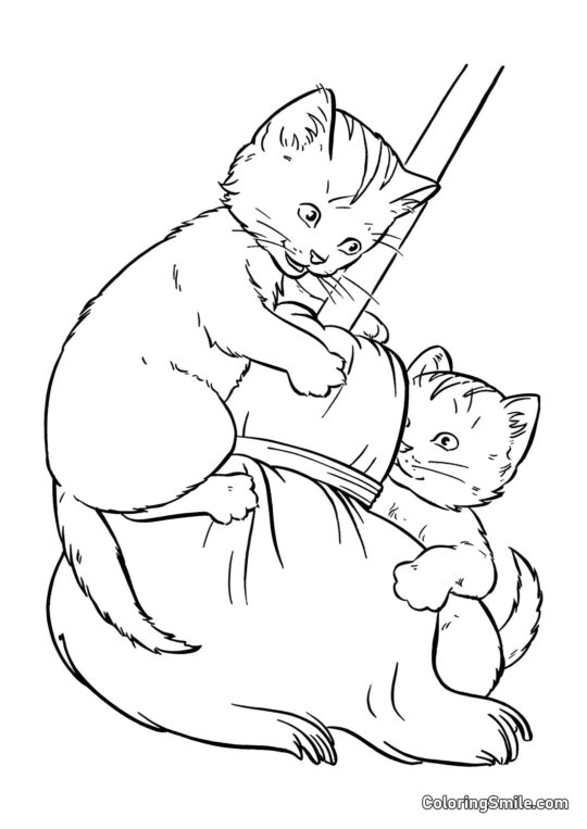 Dos Gatitos Jugando con una Escoba - Página para Colorear