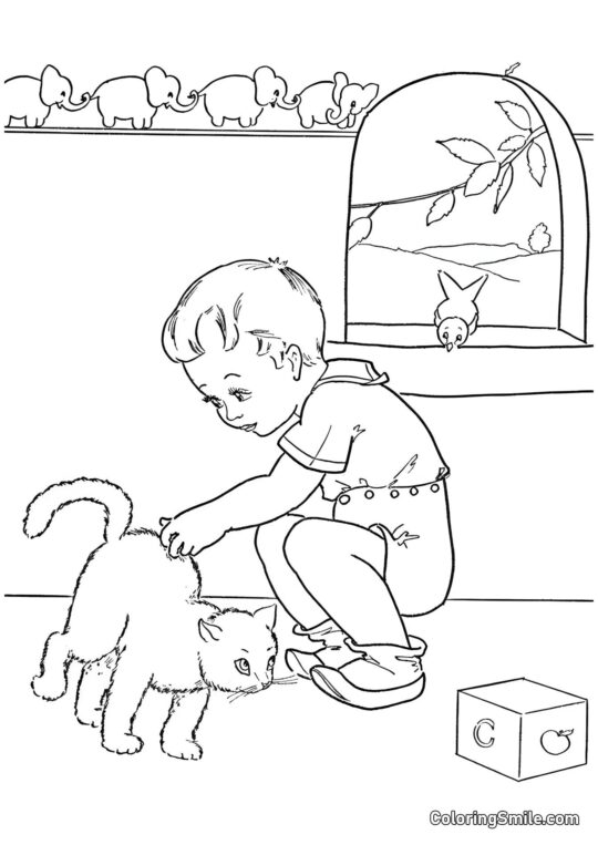 Niño Acariciando al Gato - Página para Colorear