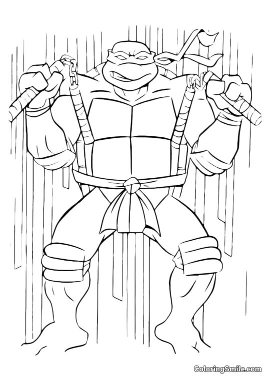 Michelangelo Entrenando con Nunchakus Michelangelo Entrenando con Nunchakus - Página para Colorear