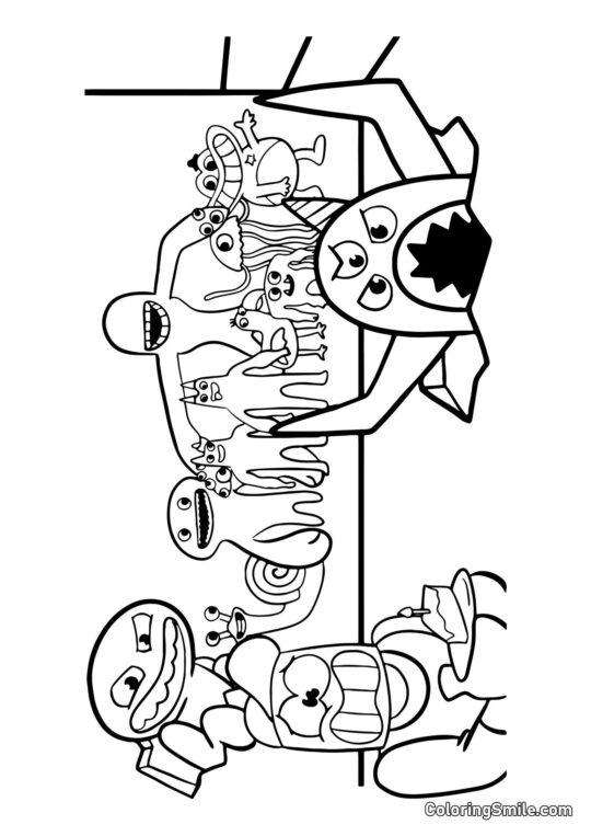 Héroes de Banban y jugador con pastel Héroes de Banban y jugador con pastel - Página para Colorear