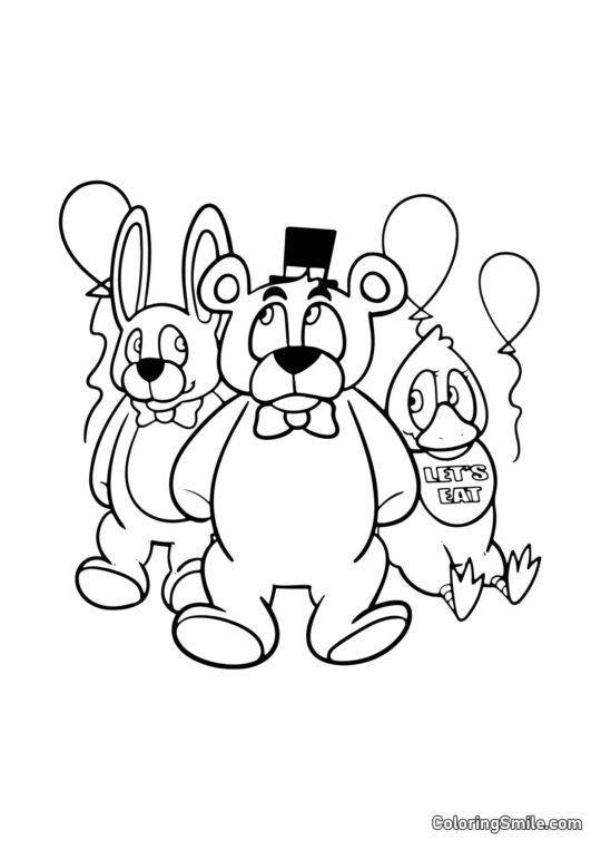 Freddy, Bonnie y Chica con Globos - Página para Colorear