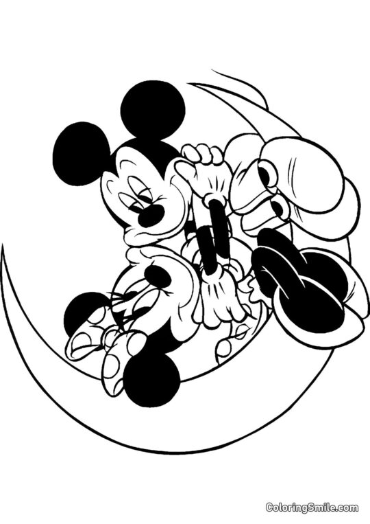 Mickey y Minnie enamorados en la luna - Página para Colorear