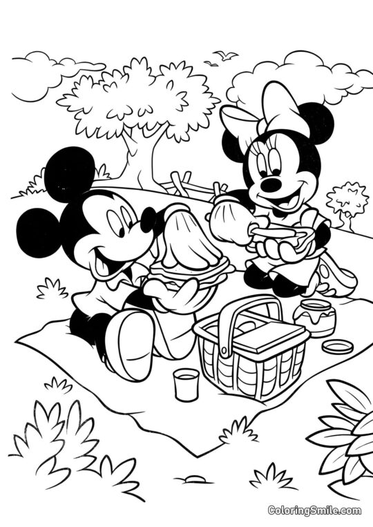 Mickey y Minnie en un picnic - Página para Colorear