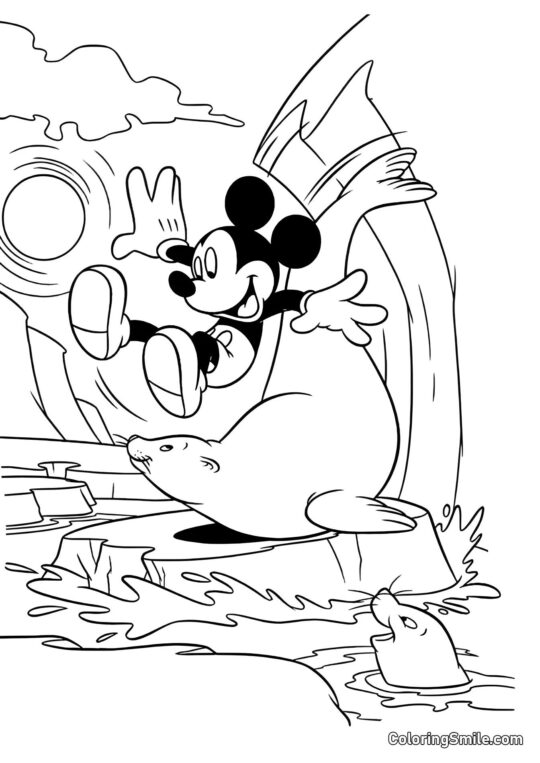 Mickey Mouse montando una foca - Página para Colorear