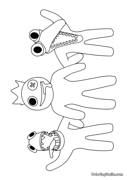 Azul, Verde y Naranja saludando Azul, Verde y Naranja saludando - Página para Colorear