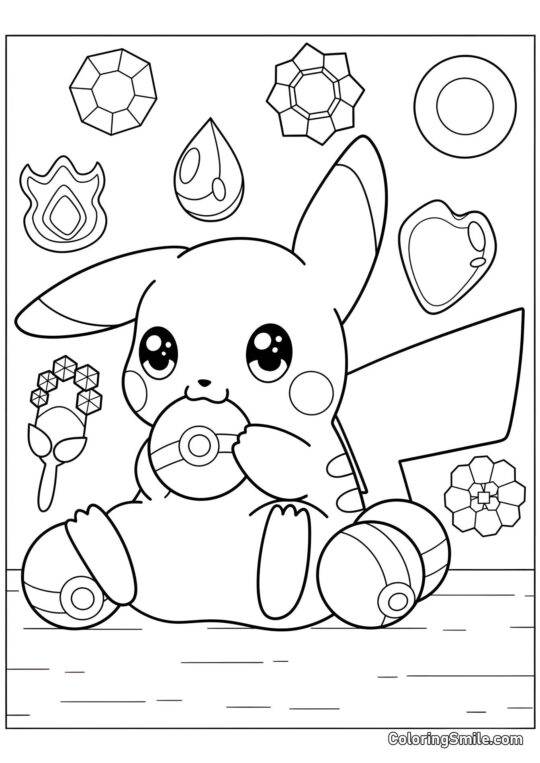 Pikachu Masticando Pokébola - Página para Colorear