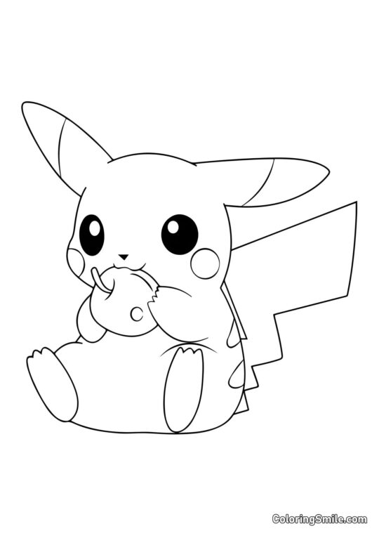 Pikachu Comiendo Manzana - Página para Colorear