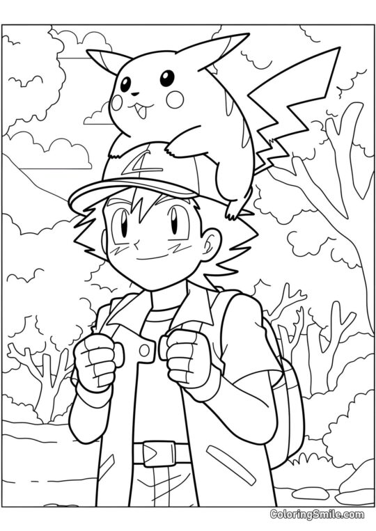 Pikachu con Ash en el Bosque - Página para Colorear