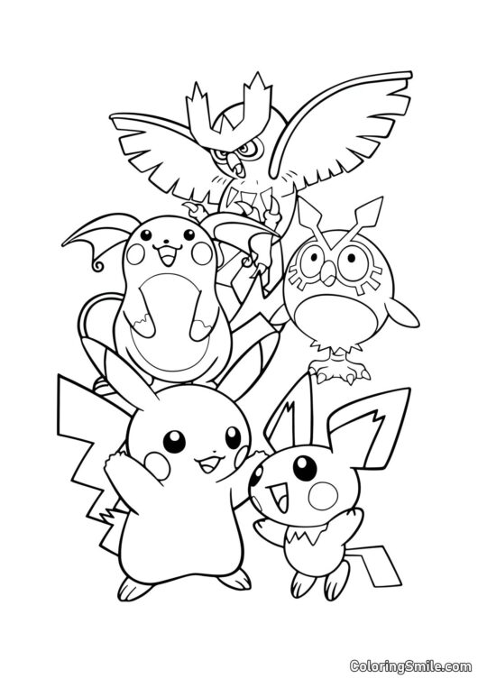 Pikachu y Hoothoot Evoluciones - Página para Colorear