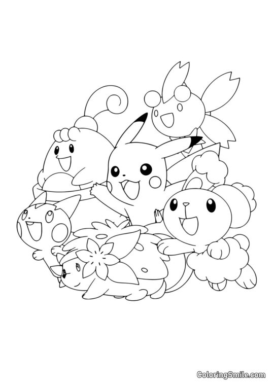 Pikachu con un Montón de Pokémon - Página para Colorear