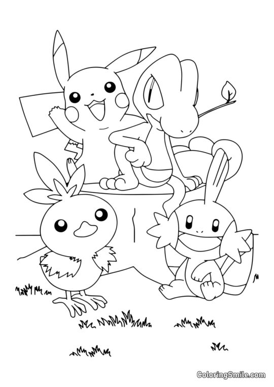 Pikachu con Amigos - Página para Colorear