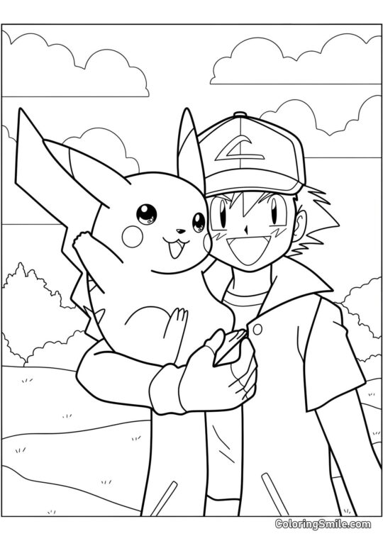 Pikachu en los Brazos de Ash - Página para Colorear