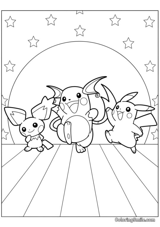 Pichu, Raichu y Pikachu - Página para Colorear