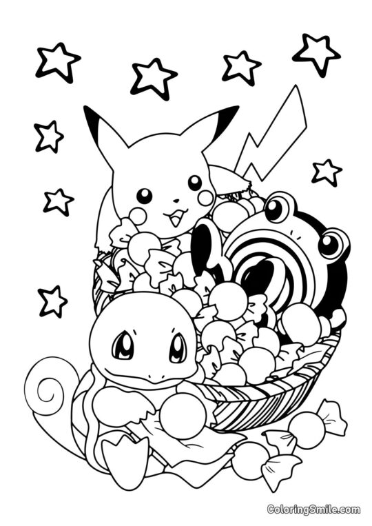 Pikachu y Bulbasaur Comiendo Dulces - Página para Colorear