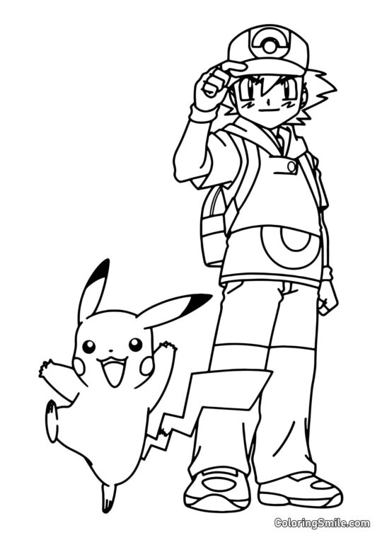 Pikachu y Ash Ketchum - Página para Colorear