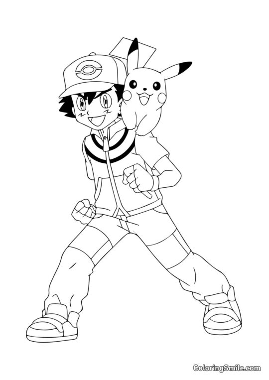 Ash y Pikachu - Página para Colorear