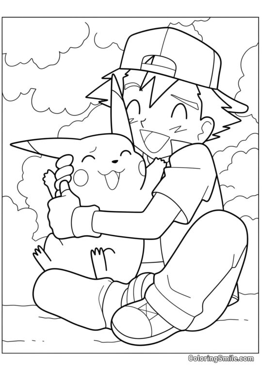 Ash y Pikachu Abrazándose - Página para Colorear