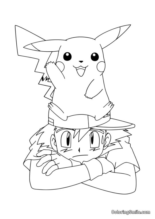 Pikachu en la Cabeza de Ash - Página para Colorear