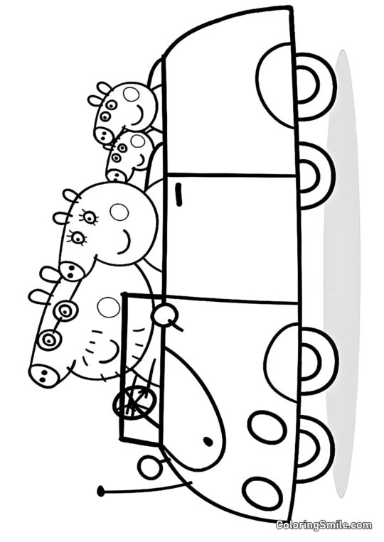 Peppa con la Familia en el Coche - Página para Colorear