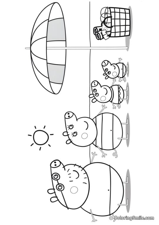 Peppa con la Familia en la Playa - Página para Colorear