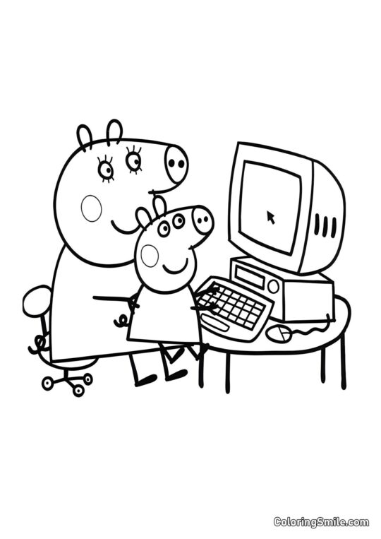 Peppa en la Computadora - Página para Colorear